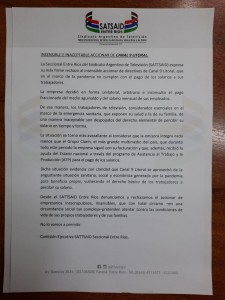 Repudian accionar de directivos de Canal 9 Litoral